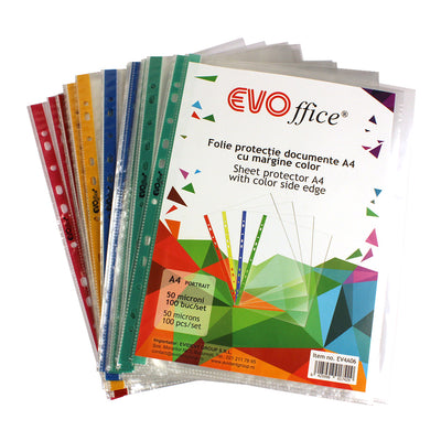 Folie protectie documente A4, cristal, 50 microni, margine color, 100buc/set EVOffice