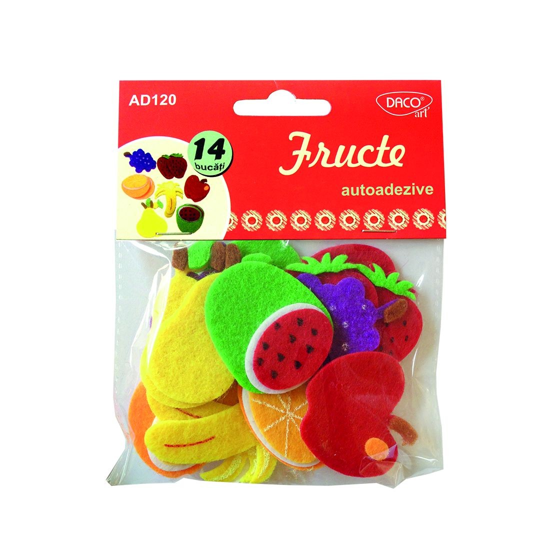 Set de 14 fructe decorative din pâslă (fetru) autoadezivă, brand DACO Art, cod AD120, pentru proiecte craft și activități grădiniță