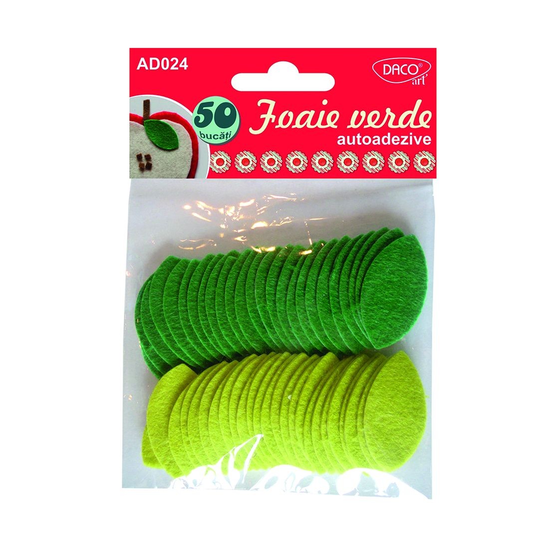 Set de 50 de frunze decorative din fetru autoadeziv în nuanțe de verde, brand DACO, pentru proiecte craft și lucru manual