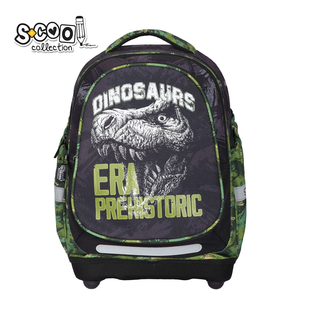 Ghiozdan anatomic baieti S-COOL model Dino 39 cm ultra-usor 0.7 kg spate respirabil catarama abdominala benzi reflectorizante si baza din spuma EVA