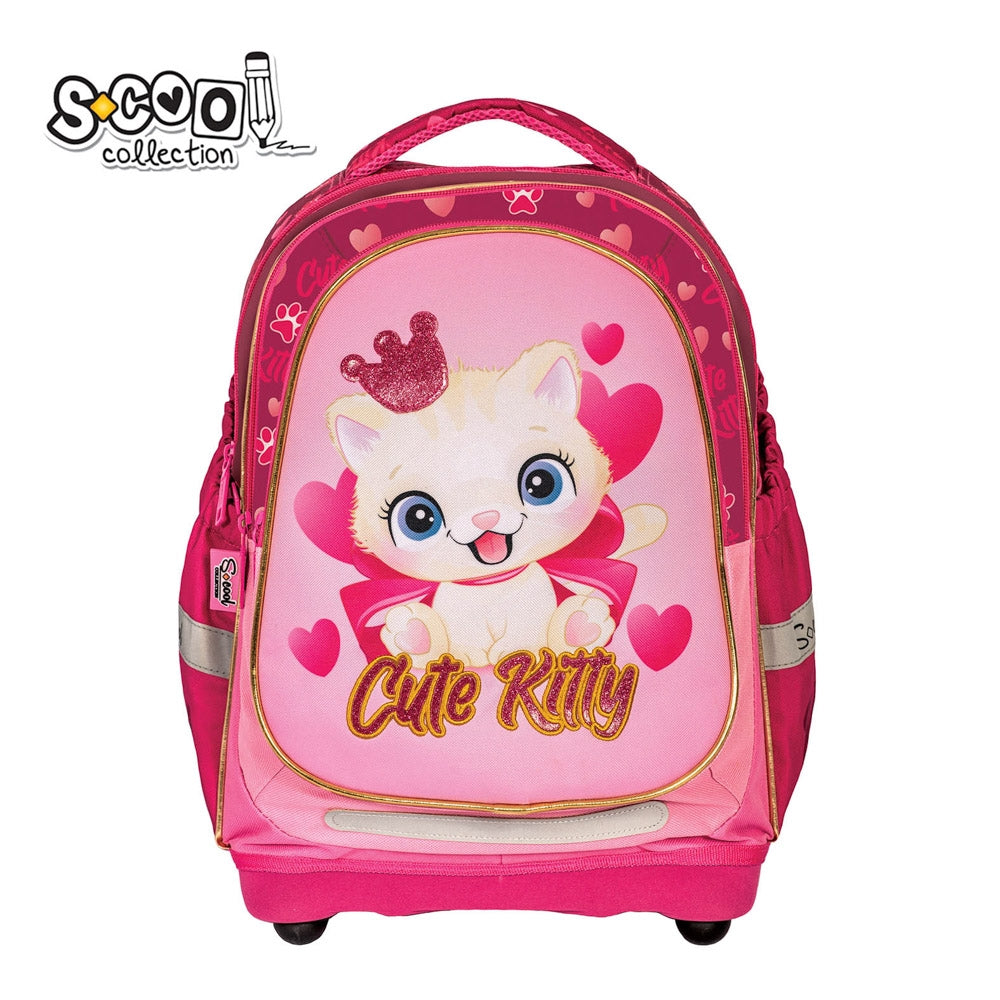 Ghiozdan anatomic fete S-COOL model Cute Kitty 39 cm ultra-usor cu sclipici si broderie spate respirabil catarama abdominala si baza solida EVA