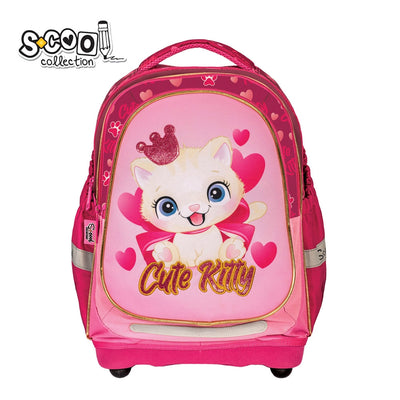 Ghiozdan anatomic fete S-COOL model Cute Kitty 39 cm ultra-usor cu sclipici si broderie spate respirabil catarama abdominala si baza solida EVA