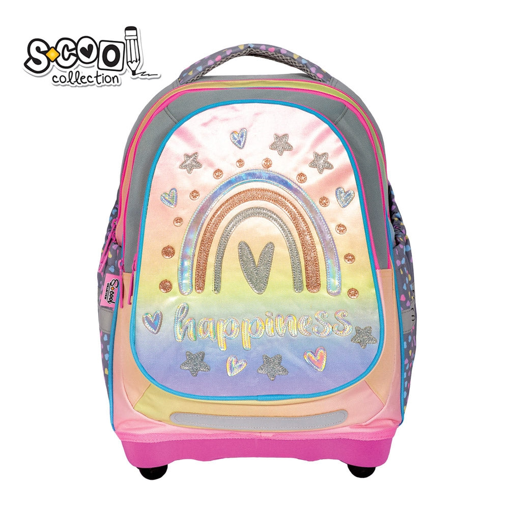Ghiozdan anatomic fete S-COOL model Happiness 39 cm ultra-usor cu detalii holografice sclipici spate respirabil catarama abdominala si baza solida EVA