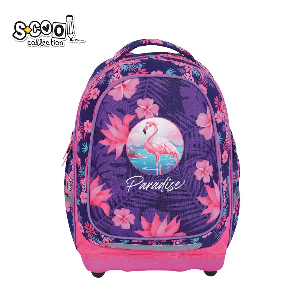 Ghiozdan anatomic fete S-COOL model Flamingo 39 cm ultra-usor 0.670 kg cu spate respirabil catarama talie port-chei si baza solida din spuma EVA