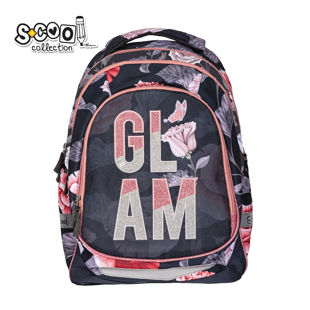 Ghiozdan anatomic ultra-usor fete S-COOL model Light Glam 41 cm cu imprimeu floral sclipici spate respirabil 5 benzi reflectorizante si baza rezistenta PVC