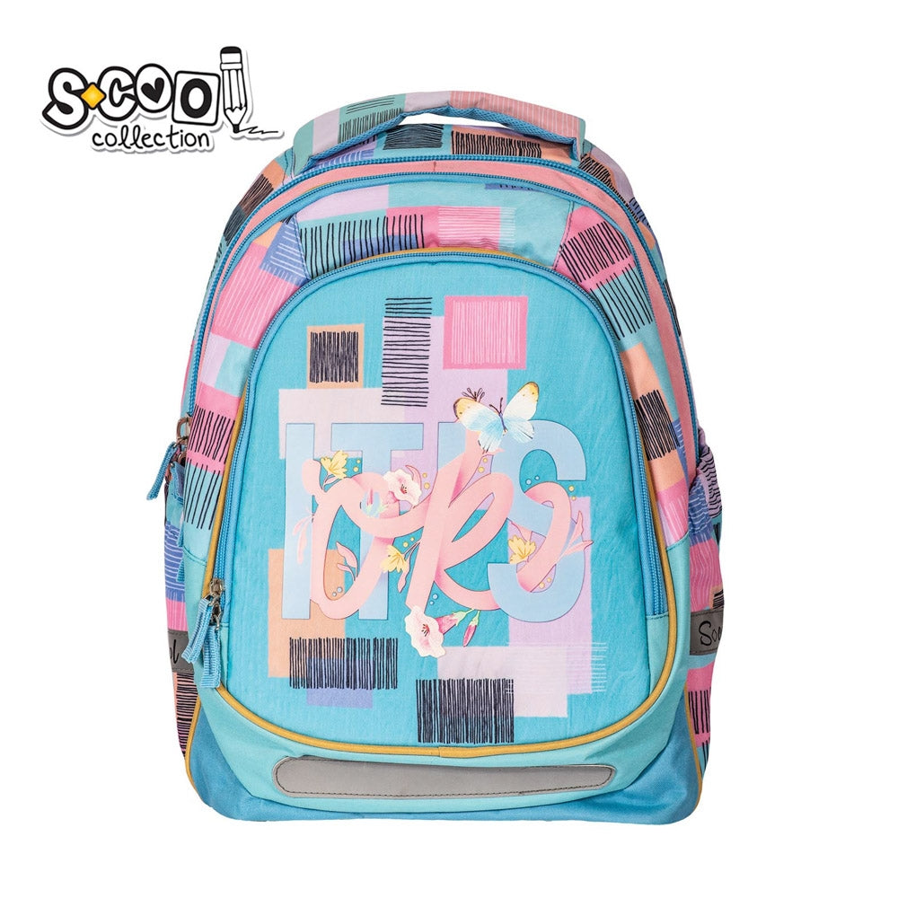 Ghiozdan anatomic ultra-usor fete S-COOL model Light It's Ok 41 cm greutate 0.59 kg cu pompon plus spate respirabil 5 benzi reflectorizante si baza PVC