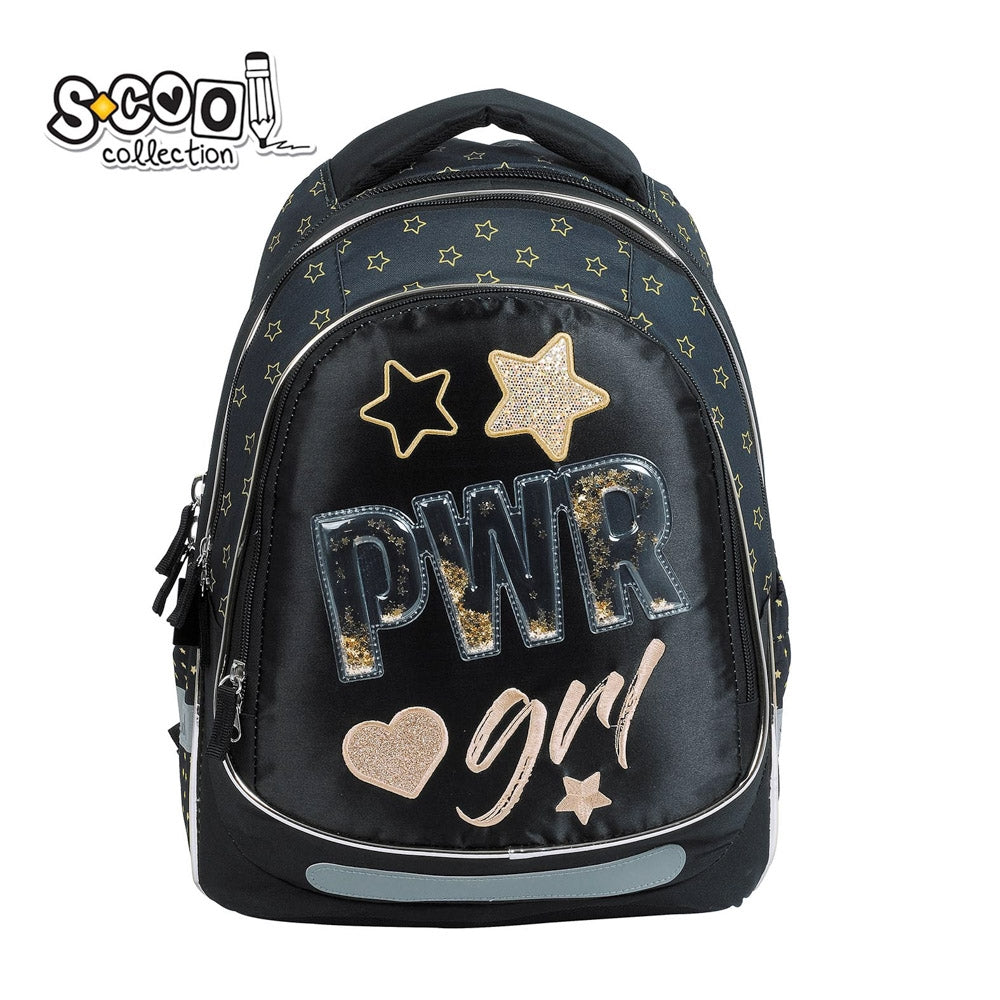 Ghiozdan anatomic ultra-usor fete S-COOL model PWR GIRL 41 cm cu paiete reversibile confetti stele spate respirabil 5 benzi reflectorizante si baza PVC