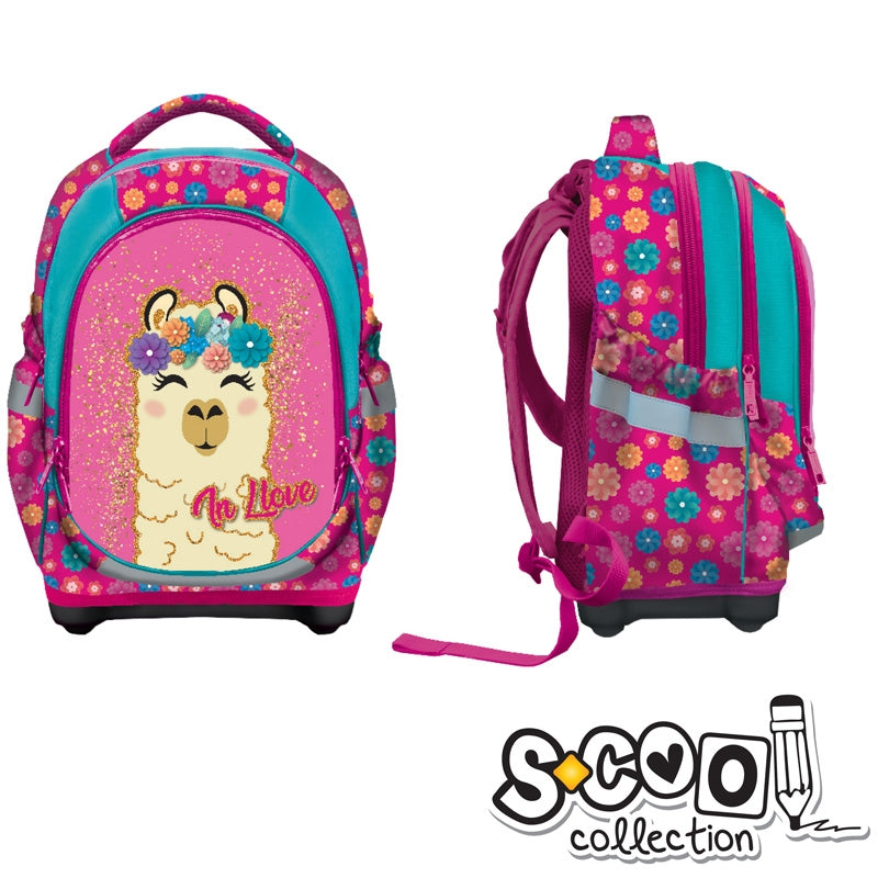 Ghiozdan anatomic fete S-COOL model Llama 42 cm roz si turcoaz cu sclipici auriu spate buretat compartiment laptop si baza EVA cu picioruse