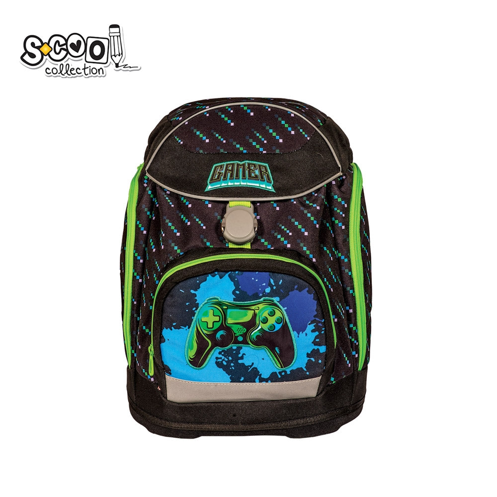 Ghiozdan anatomic premium baieti S-COOL model Gamer 41 cm cu sistem reglare pe sina buzunar termoizolant mancare inchidere magnetica si baza solida EVA