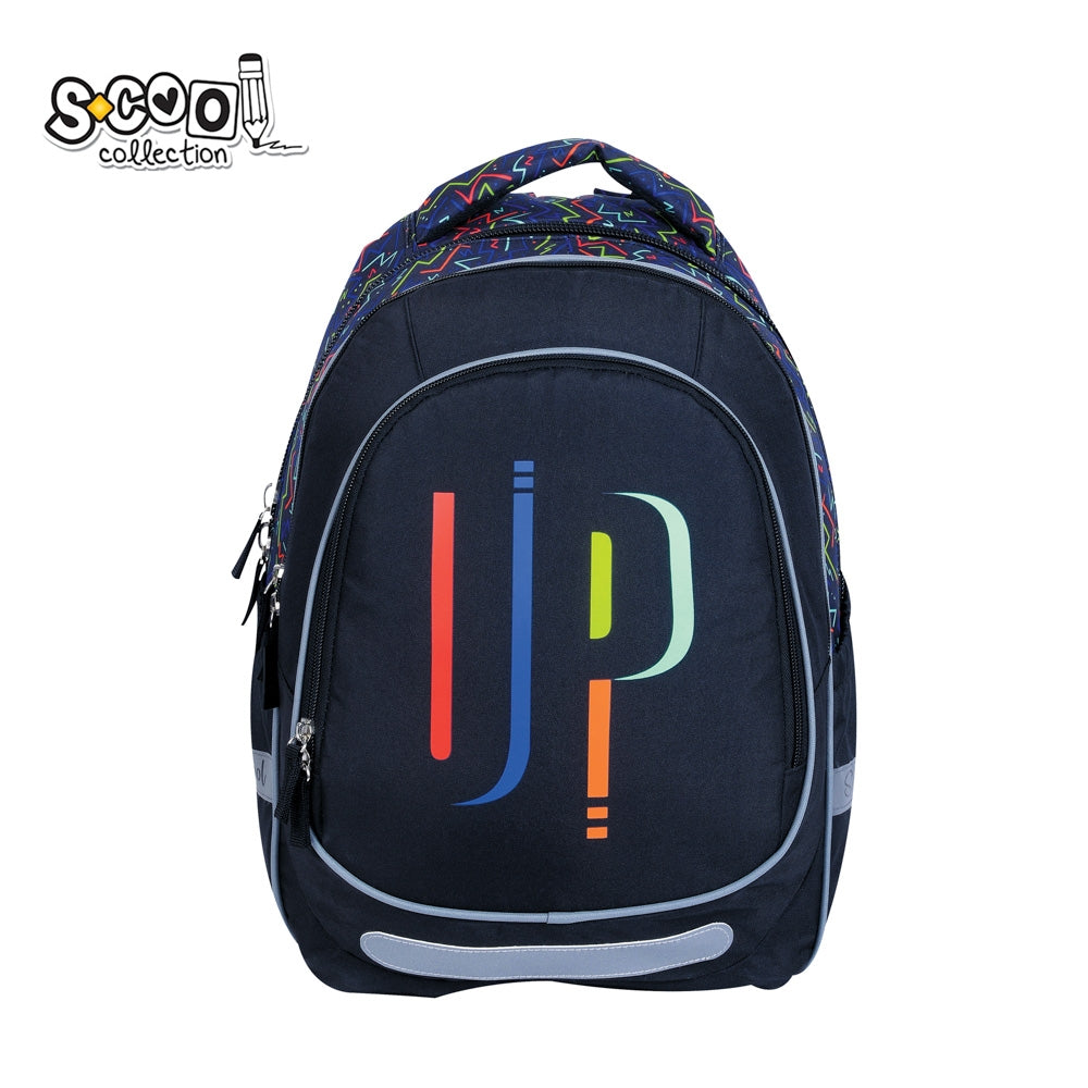 Ghiozdan anatomic S-COOL model LIGHT UP premiat 2023 inaltime 41 cm poliester 300D spate buretat cu plasa si benzi reflectorizante pentru baieti 10 ani si adulti