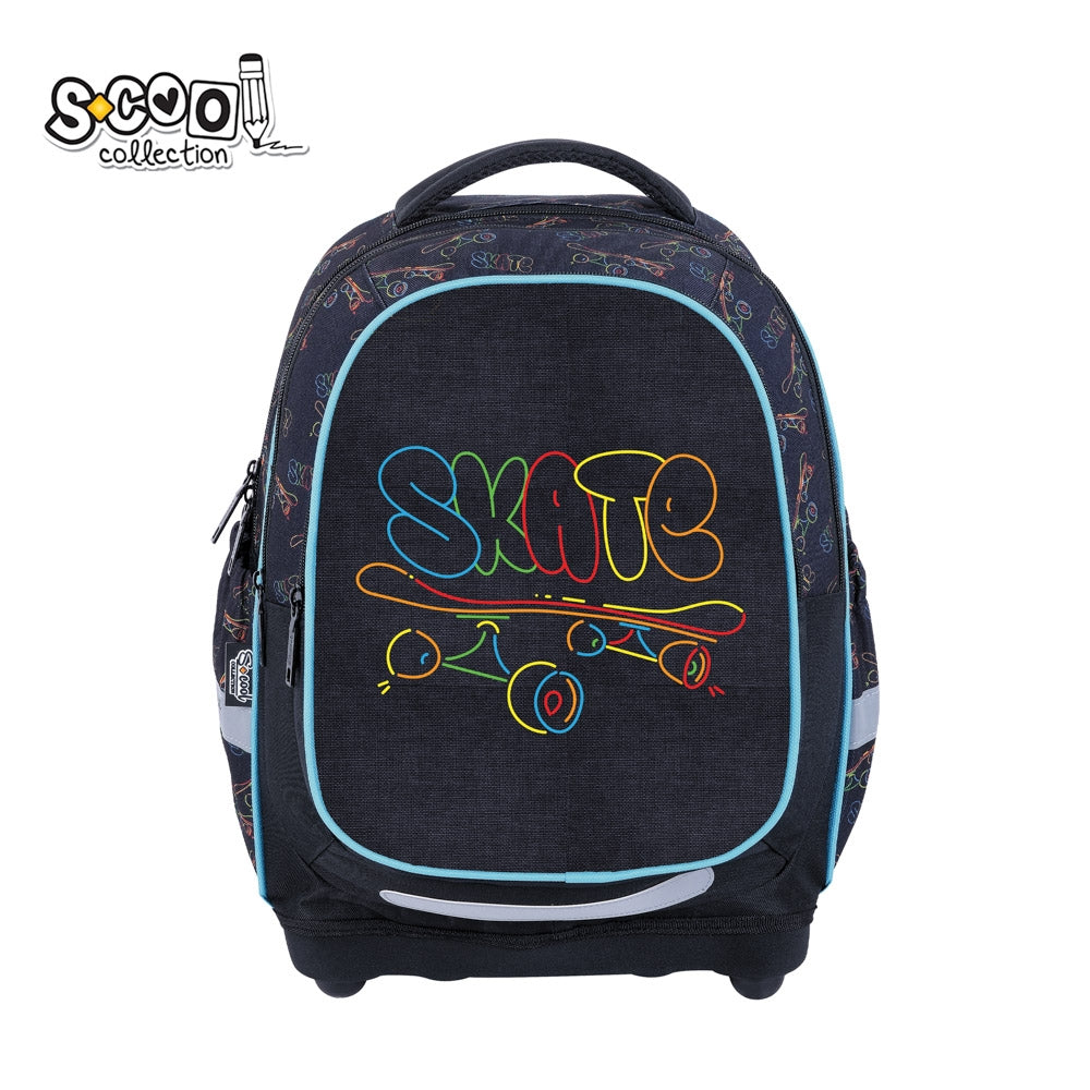 Ghiozdan anatomic baieti S-COOL model Skate 39 cm greutate 0.67kg spate respirabil buzunar frontal cu organizator catarama talie si baza EVA