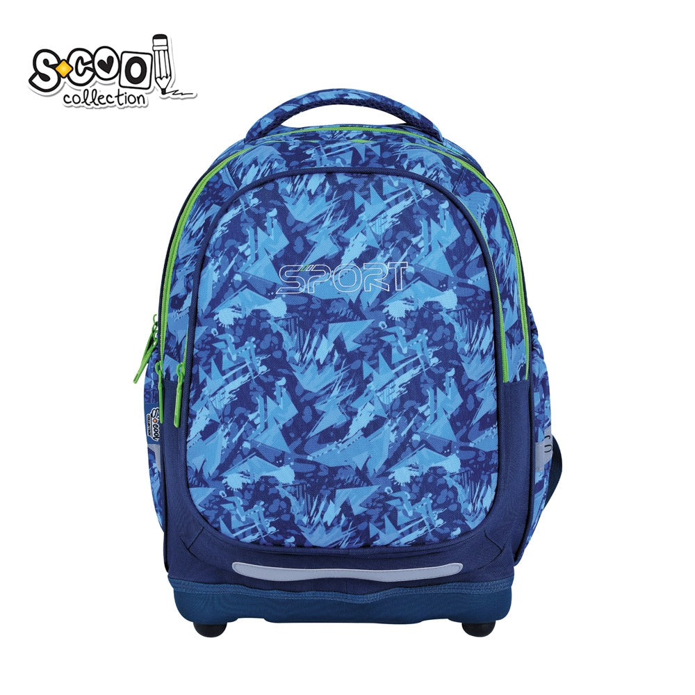 Ghiozdan anatomic baieti S-COOL model Sport 39 cm greutate 0.67kg spate respirabil buzunar frontal cu organizator catarama talie si baza EVA