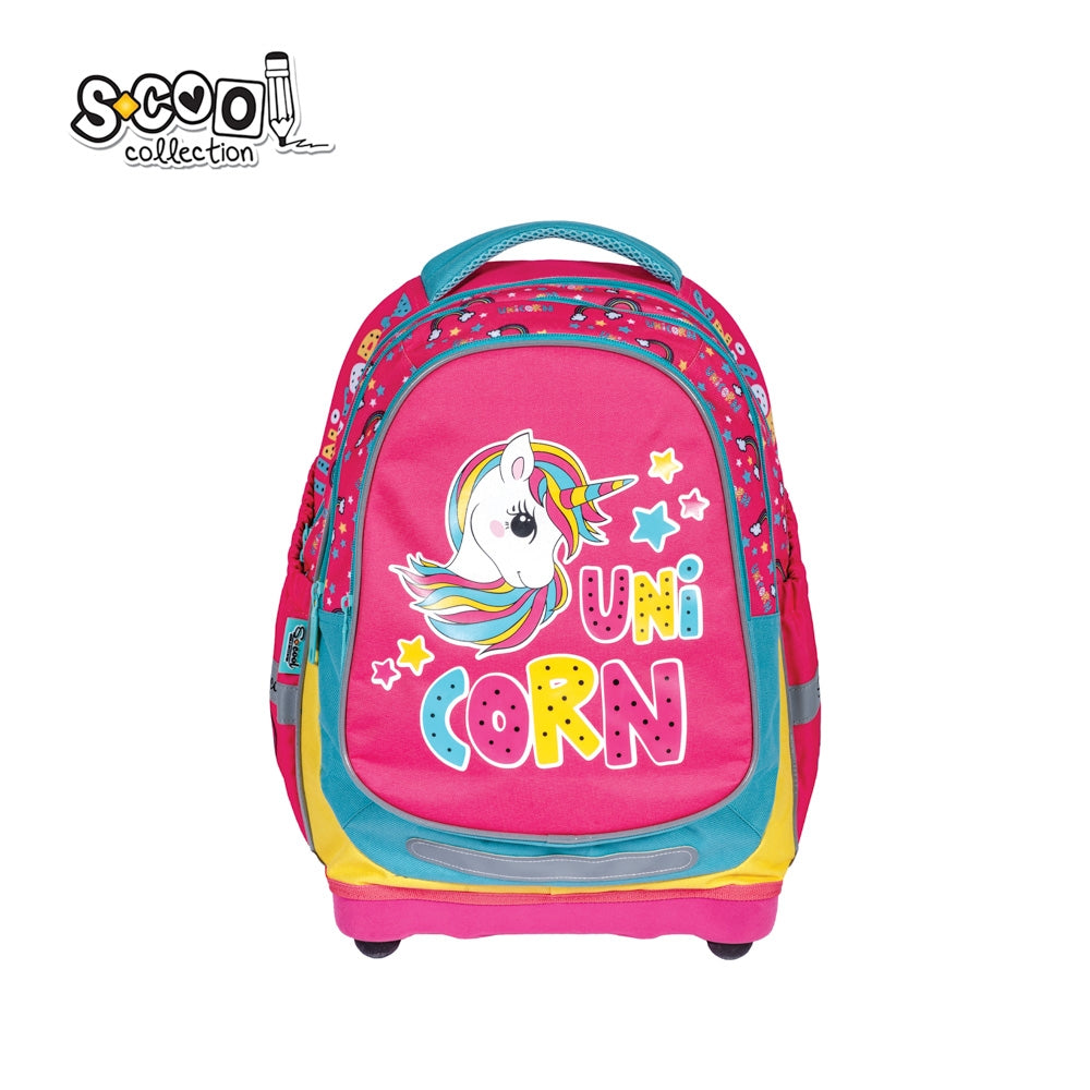 Ghiozdan anatomic S-COOL model Unicorn 39 cm greutate 0.67kg albastru spate respirabil buzunar frontal cu organizator si baza EVA cu picioruse