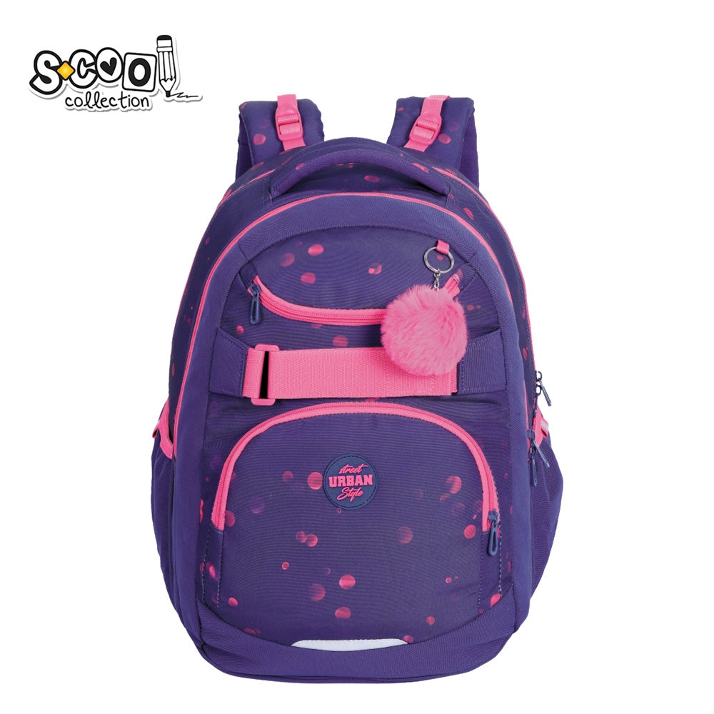 Ghiozdan ergonomic fete S-COOL model Urban Bubbles 43 cm cu buzunar laptop spate anatomic respirabil sistem fixare frontala si benzi reflectorizante 360 grade