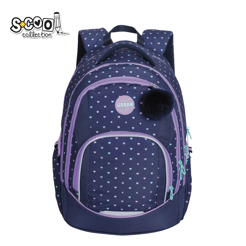 Ghiozdan anatomic Urban fete S-COOL model Hearts 43 cm imprimeu inimi buzunar laptop spate respirabil catarama frontala si benzi reflectorizante 360 grade