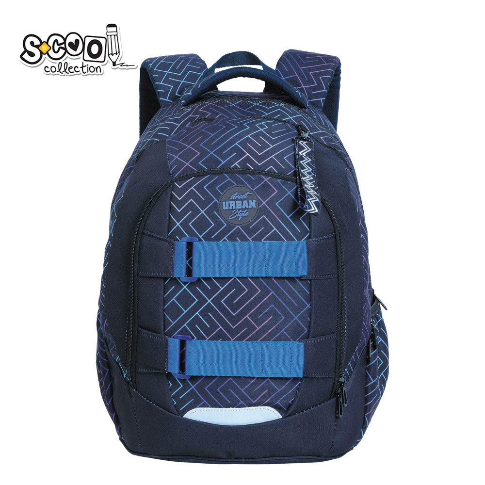 Ghiozdan anatomic Urban baieti S-COOL model Maze 43 cm imprimeu geometric buzunar laptop spate respirabil baza rigida si benzi reflectorizante 360 grade