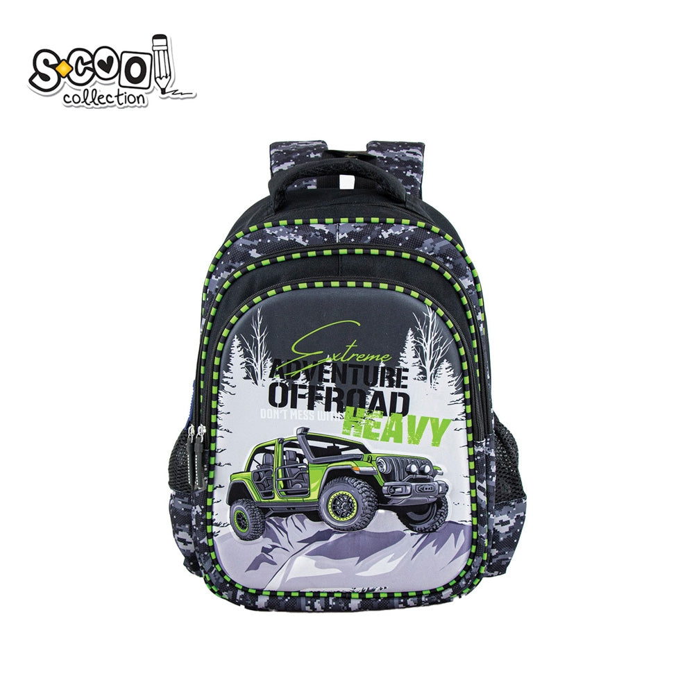 Ghiozdan anatomic baieti S-COOL model 3D Offroad 38 cm cu carcasa frontala EVA rezistenta la socuri separator interior orizontal si curea transversala piept poliester 1000D