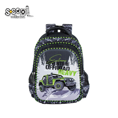 Ghiozdan anatomic baieti S-COOL model 3D Offroad 38 cm cu carcasa frontala EVA rezistenta la socuri separator interior orizontal si curea transversala piept poliester 1000D