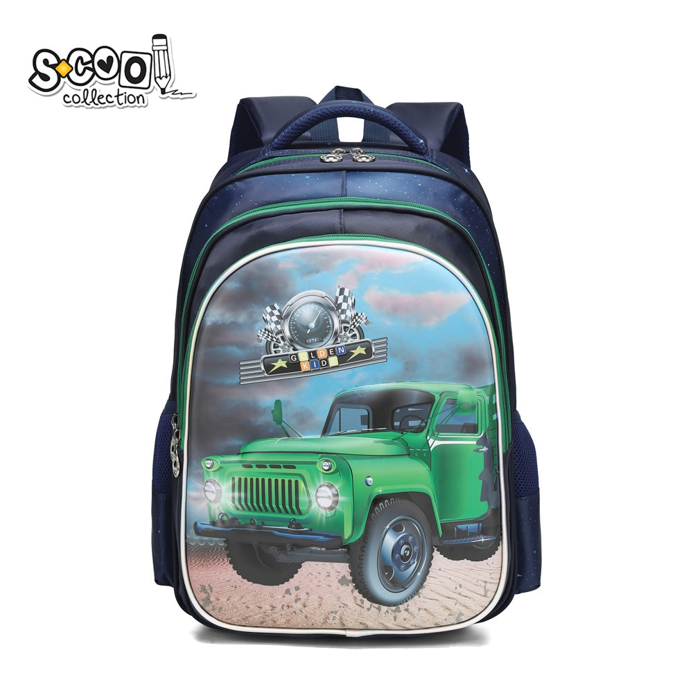 Ghiozdan 3D pentru baieti S-COOL model Race 41 cm material impermeabil poliester 230D cu carcasa frontala EVA masina de curse si spate buretat anatomic