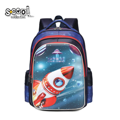 Ghiozdan 3D pentru baieti S-COOL model Space 41 cm cu imprimeu racheta spatiala in relief carcasa EVA spate buretat buzunar interior si volum 30 litri