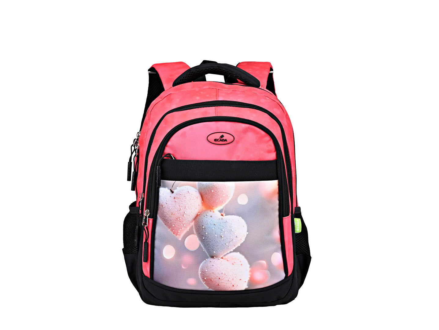 Ghiozdan scolar Ecada 614004 inaltime 41 cm model cu inimioare roz bretele buretate si buzunare laterale