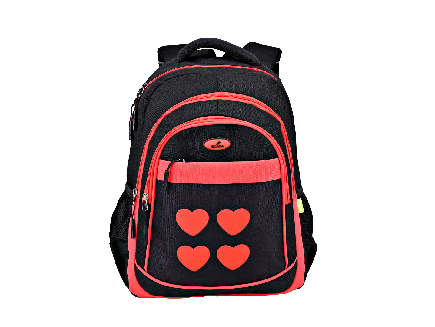 Ghiozdan fete Ecada 61434 negru cu accente si 4 inimi rosii inaltime 46 cm spate ergonomic buretat si compartimente mari