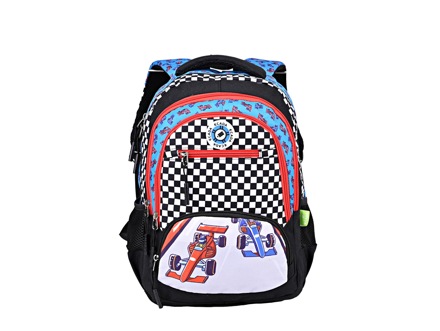 Ghiozdan scolar Ecada 614503 motive Formula 1 inaltime 41 cm culori negru rosu albastru si steag in carouri bretele buretate
