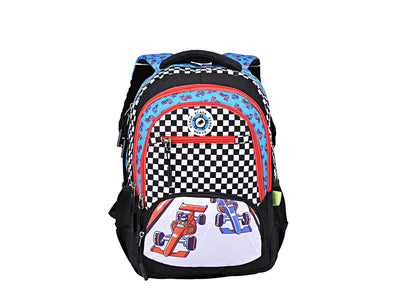 Ghiozdan scolar Ecada 614503 motive Formula 1 inaltime 41 cm culori negru rosu albastru si steag in carouri bretele buretate