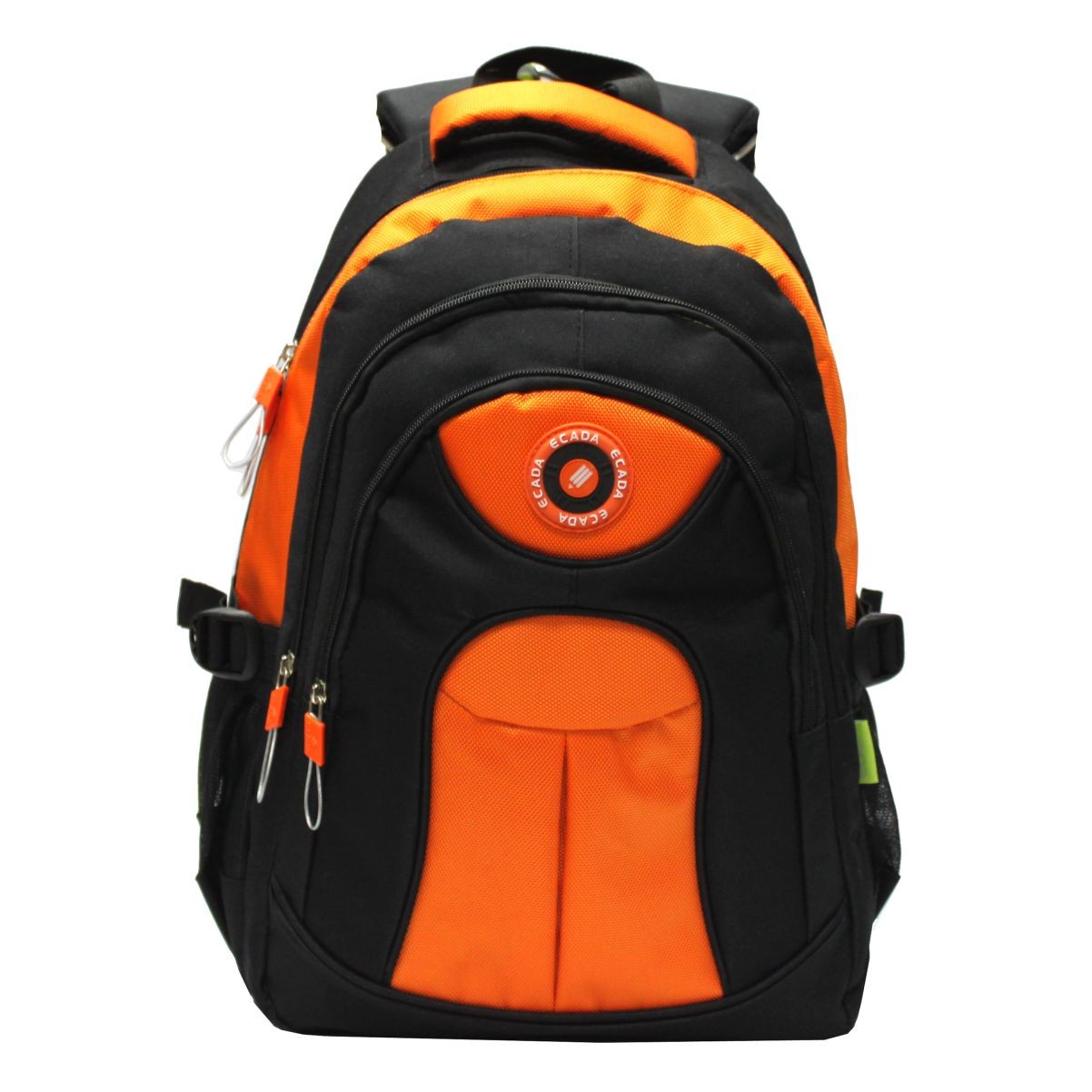 Ghiozdan scolari Ecada 61504 negru cu detalii portocalii inaltime 46 cm 3 compartimente cu fermoar si bretele captusite