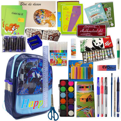 Set complet ghiozdan echipat baieti clasa 1 si 2 cu rechizite caiet tip I si tip II penar acuarele stilou si bloc desen EVOffice