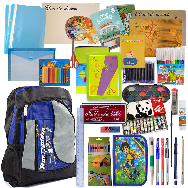 Set complet scoala baieti clasele 3 si 4 cu ghiozdan student 43 cm trusa geometrie 11 piese penar rigid caiete biologie muzica si accesorii pictura EVOffice
