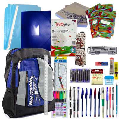 Set complet liceu baieti cu ghiozdan student 43 cm caiete 100 file A4 si A5 penar etui trusa geometrie mapa rigidizata si instrumente de scris EVOffice