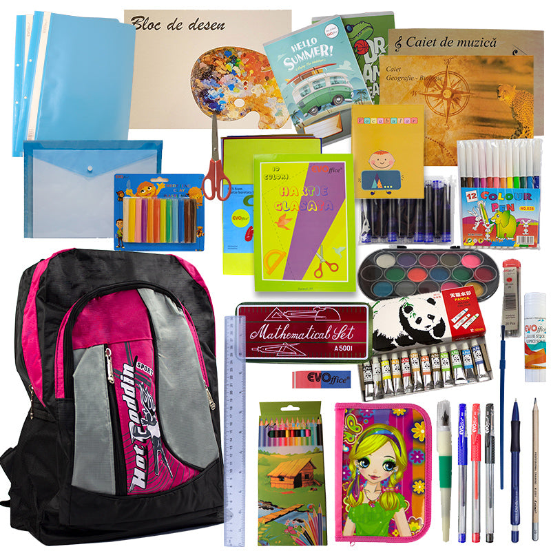 Set complet scoala fete clasele 3 si 4 cu ghiozdan student 43 cm trusa geometrie penar rigid caiete biologie si muzica instrumente de scris si pictura EVOffice