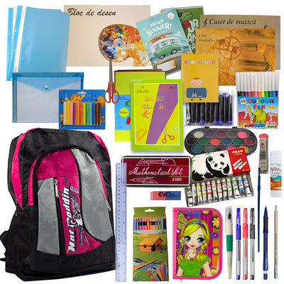 Set complet scoala fete clasele 3 si 4 cu ghiozdan student 43 cm trusa geometrie penar rigid caiete biologie si muzica instrumente de scris si pictura EVOffice