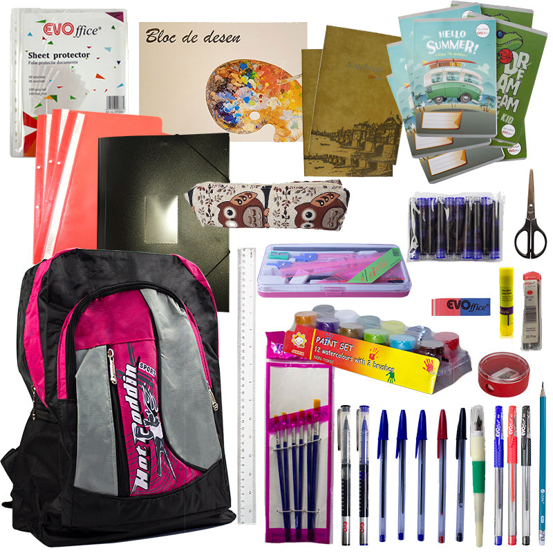 Set complet scoala fete clasele 5-8 cu ghiozdan student 43 cm penar caiete A4 si A5 trusa geometrie stilou si accesorii pictura EVOffice