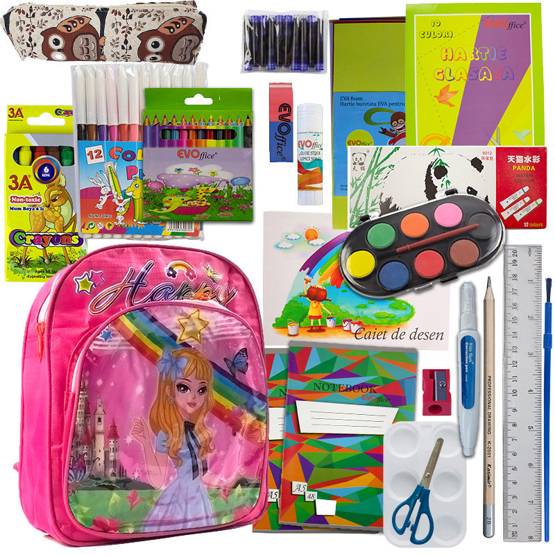 Set complet scoala fete gradinita si clasa pregatitoare cu ghiozdan 26 cm penar etui acuarele tempera carioci stilou si hartie creponata EVOffice