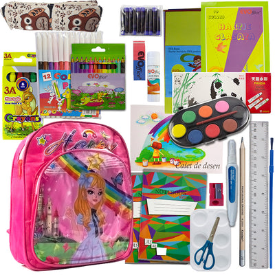 Set complet scoala fete gradinita si clasa pregatitoare cu ghiozdan 26 cm penar etui acuarele tempera carioci stilou si hartie creponata EVOffice