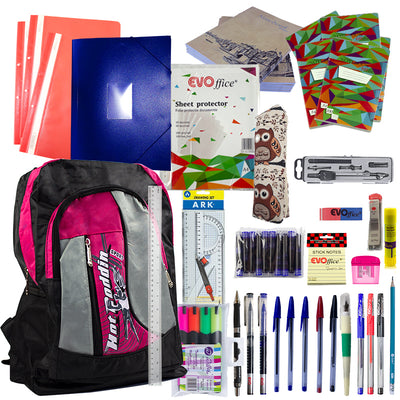 Set complet liceu fete cu ghiozdan student 3 fermoare caiete A4 100 file penar etui trusa geometrie folii protectie si instrumente de scris EVOffice