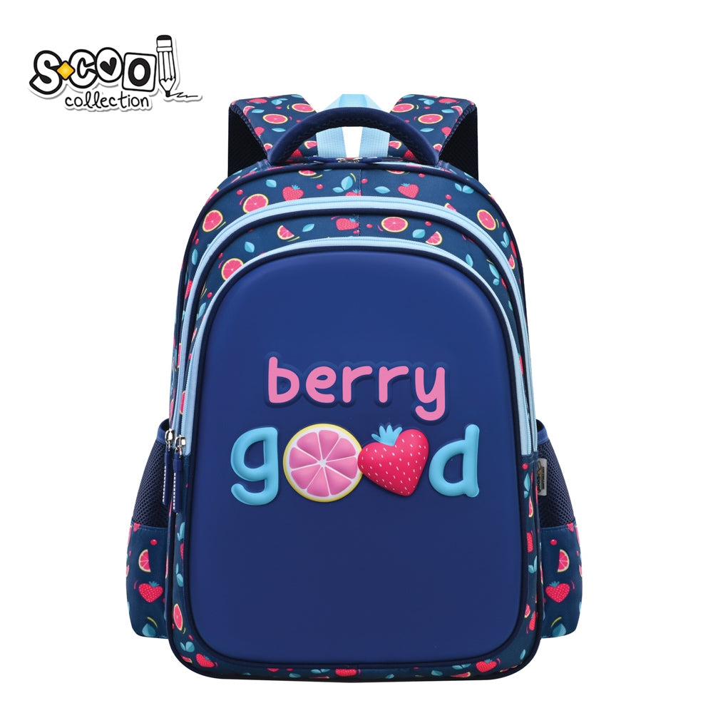 Ghiozdan ergonomic fete S-COOL model Berry Good 42 cm poliester 1000D cu carcasa frontala 3D EVA spate buretat respirabil si catarama piept