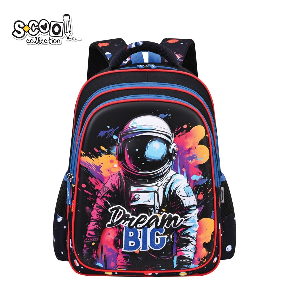 Ghiozdan ergonomic baieti S-COOL model Dream Big 42 cm poliester 1000D cu carcasa frontala 3D EVA spate anatomic respirabil si catarama piept greutate 0.735 kg