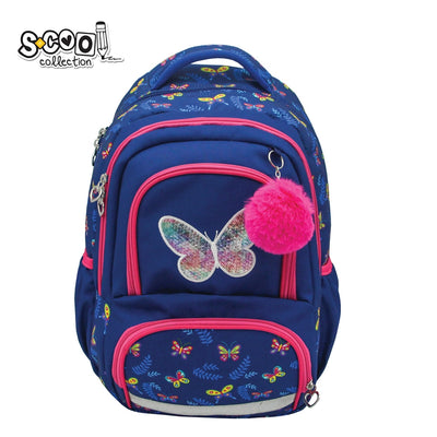 Ghiozdan ergonomic fete S-COOL model Butterfly 42 cm cu compartiment laptop pom-pom spate anatomic respirabil curea pectorala de fixare si benzi reflectorizante 360 grade