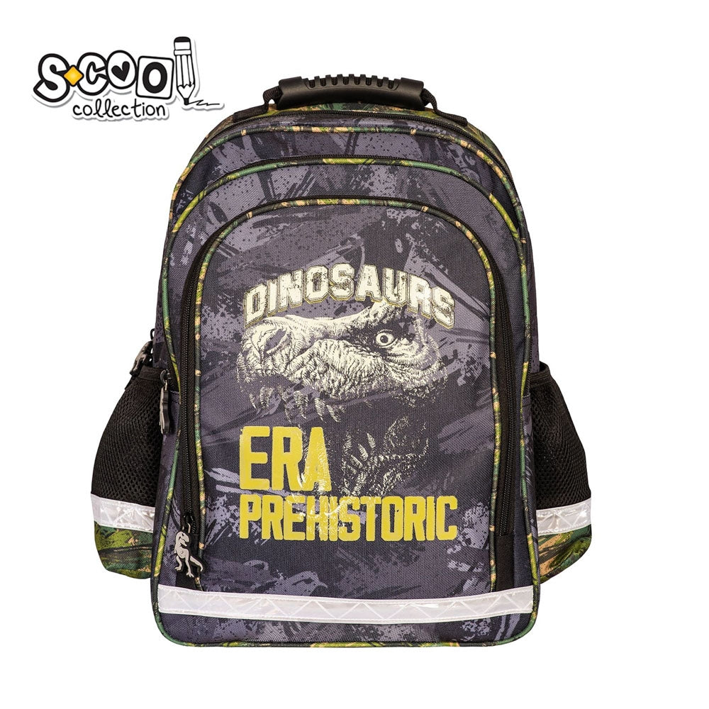 Ghiozdan ergonomic baieti S-COOL model DINO 40.5 cm greutate 0.67kg imprimeu dinozaur spate anatomic respirabil maner ergonomic si benzi reflectorizante