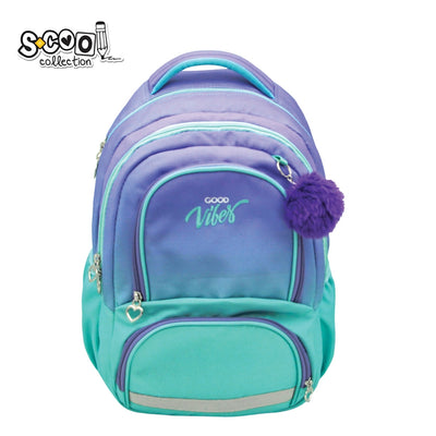 Ghiozdan ergonomic fete S-COOL model GOOD VIBES 42 cm cu compartiment laptop accesoriu pop-pom spate anatomic respirabil curea pectorala si benzi reflectorizante 360 grade