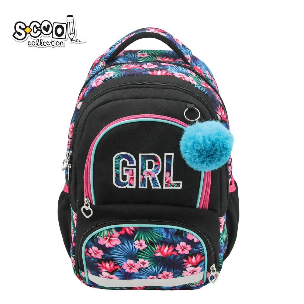 Ghiozdan ergonomic fete S-COOL model GRL 42 cm cu compartiment laptop spate anatomic respirabil curea pectorala de fixare si benzi reflectorizante 360 grade