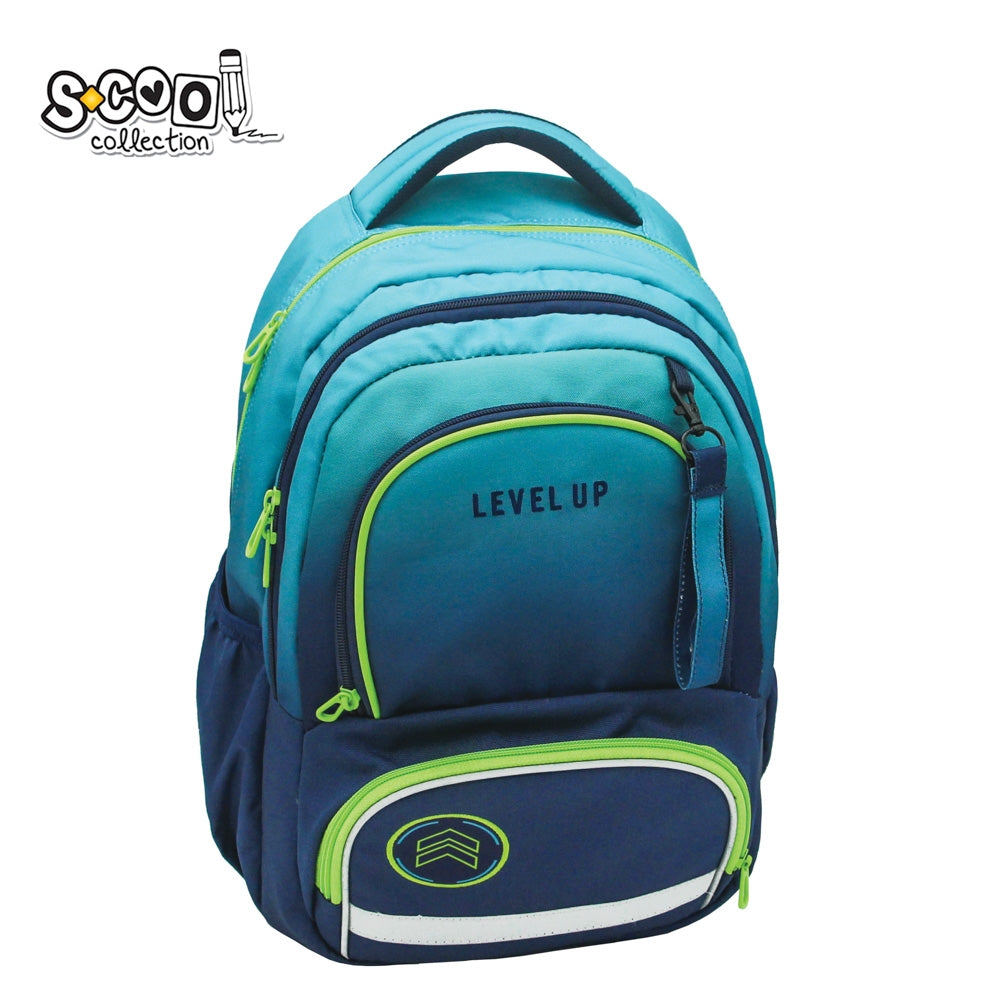 Ghiozdan ergonomic baieti S-COOL model Level Up 42 cm cu compartiment laptop spate anatomic respirabil curea pectorala de fixare si benzi reflectorizante 360 grade