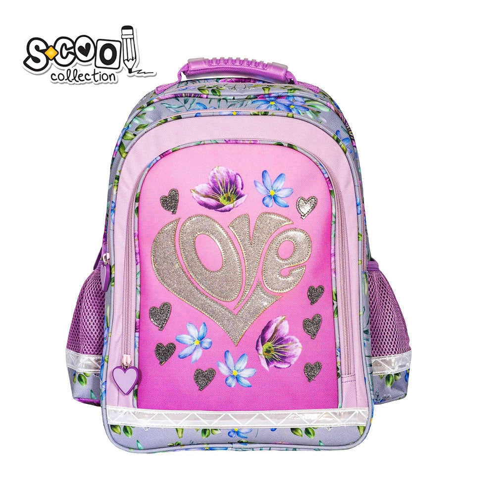 Ghiozdan ergonomic fete S-COOL model LOVE 40.5 cm cu sclipici greutate 0.67kg spate anatomic respirabil maner ergonomic si benzi reflectorizante
