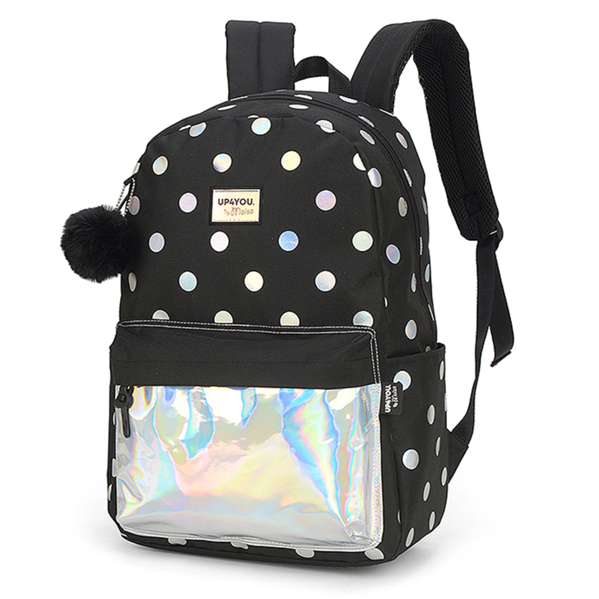 Ghiozdan gimnaziu Pigna design holografic negru-argintiu cu 2 compartimente cu fermoar bretele ajustabile 46 cm stil modern pentru adolescenti