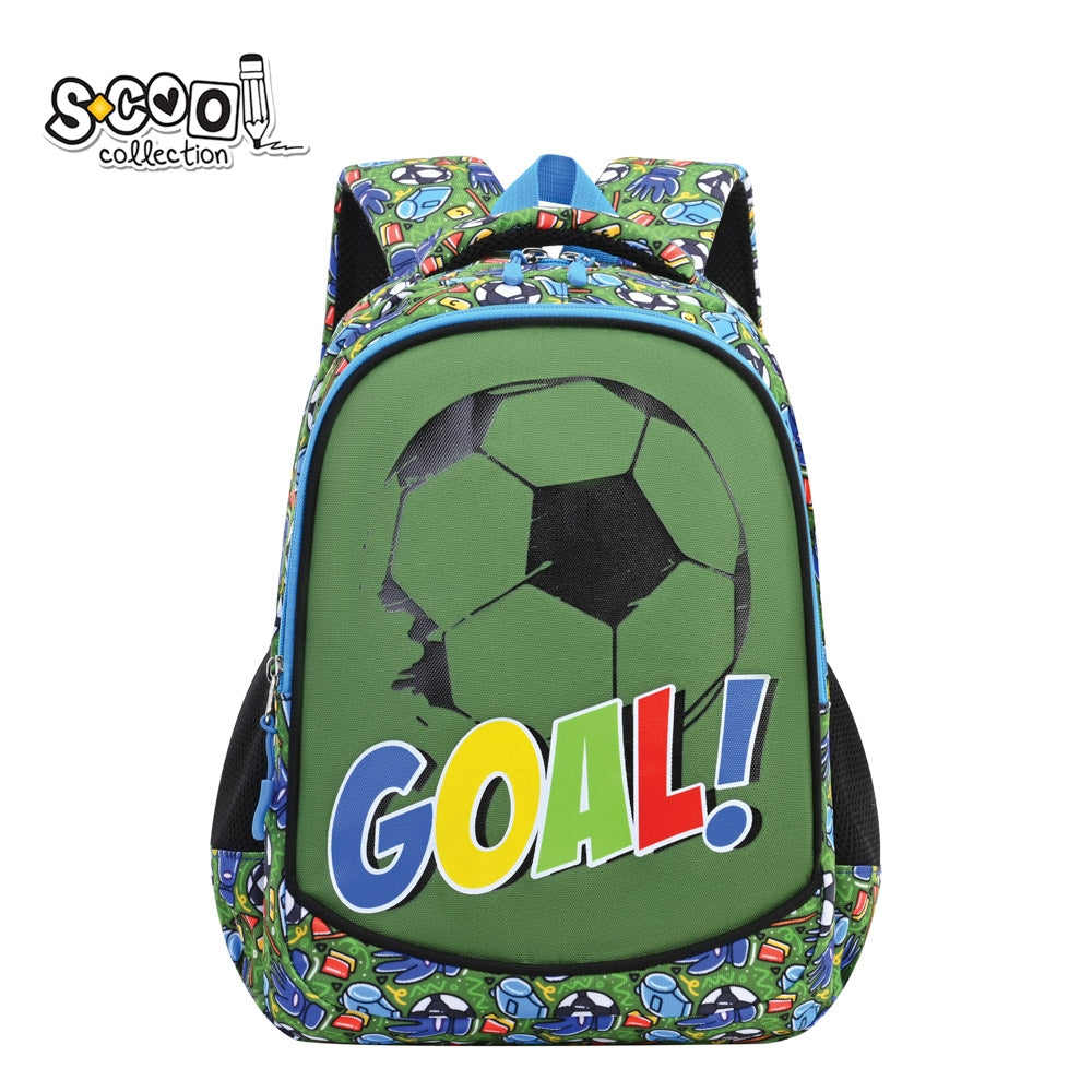 Ghiozdan gradinita baieti S-COOL model GOAL 34 cm imprimeu fotbal material rezistent poliester 900D spate buretat buzunar frontal buretat si volum 11 litri