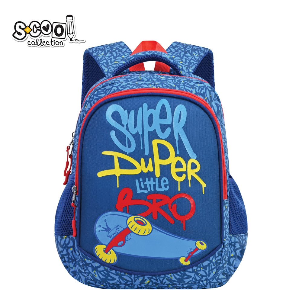 Ghiozdan gradinita baieti S-COOL model Super Duper 34 cm albastru material poliester 900D buzunar frontal buretat spate confortabil si volum 11 litri