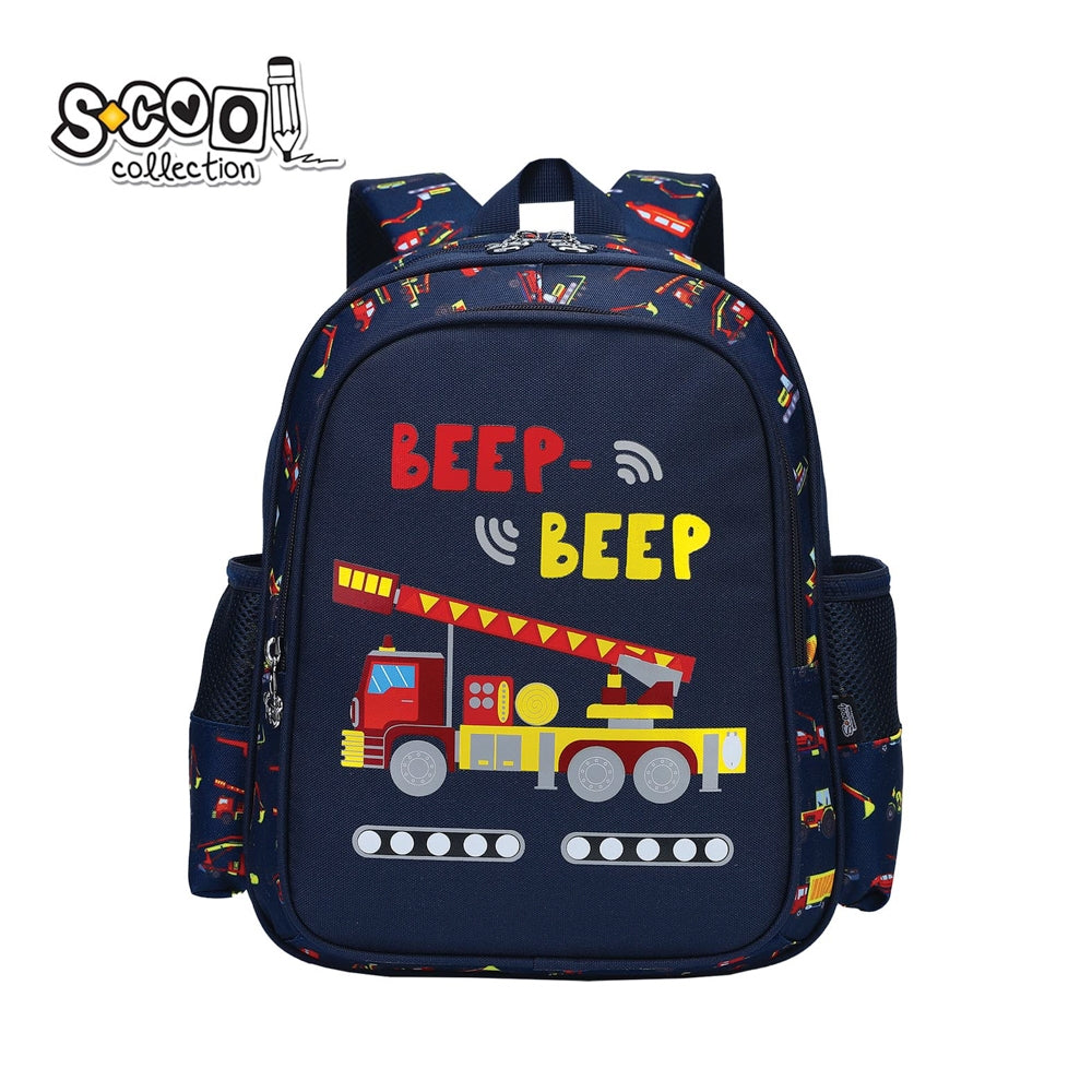 Ghiozdan gradinita baieti S-COOL model Beep Beep 33 cm imprimeu vehicule greutate 0.35kg brelocuri ursulet spate respirabil si curea pectorala